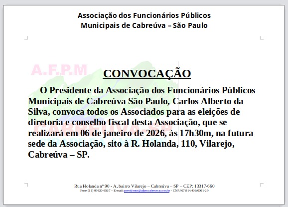 Edital de eleições da diretoria e Conselho Fiscal da AFPM de Cabreúva